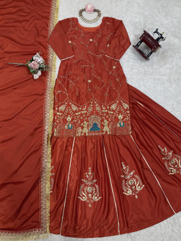 Brown Natural Crepe Silk Embroidered Lehenga Set with Beads, Sequins & Dupatta ClothsVilla