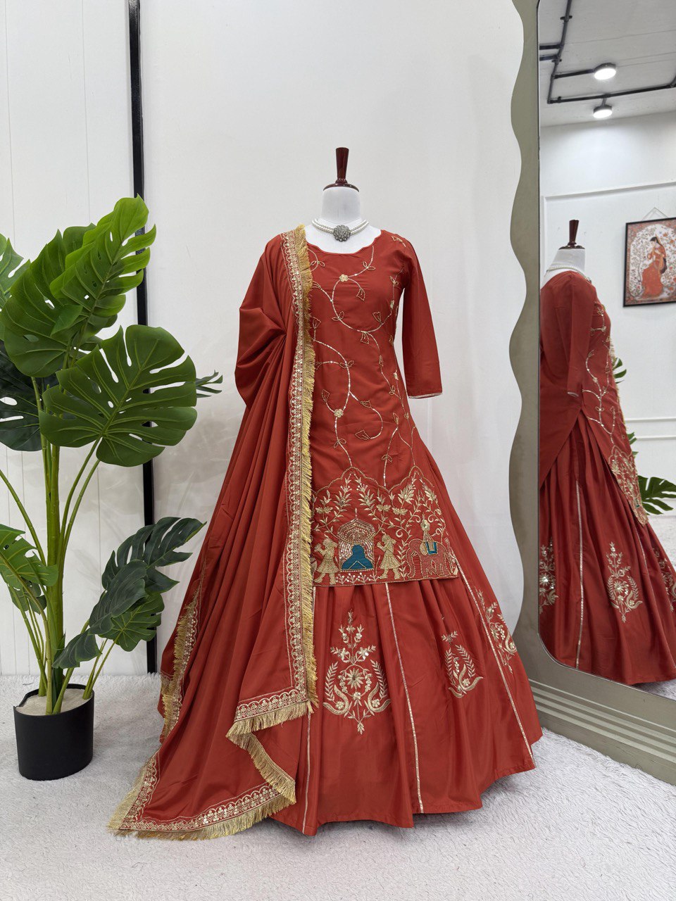 Brown Natural Crepe Silk Embroidered Lehenga Set with Beads, Sequins & Dupatta ClothsVilla Main image