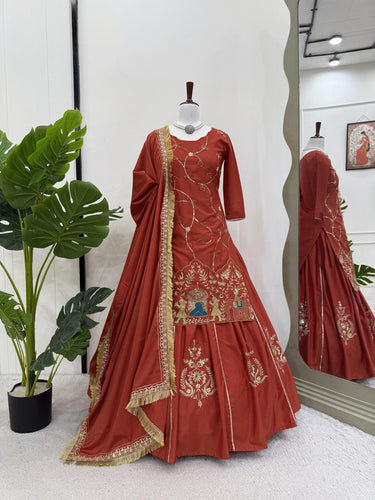 Brown Natural Crepe Silk Embroidered Lehenga Set with Beads, Sequins & Dupatta ClothsVilla