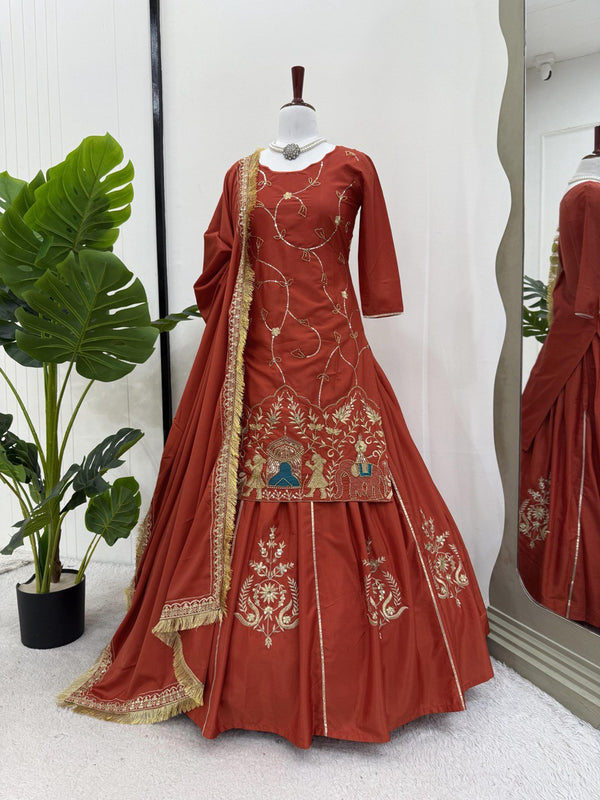 Brown Natural Crepe Silk Embroidered Lehenga Set with Beads, Sequins & Dupatta ClothsVilla