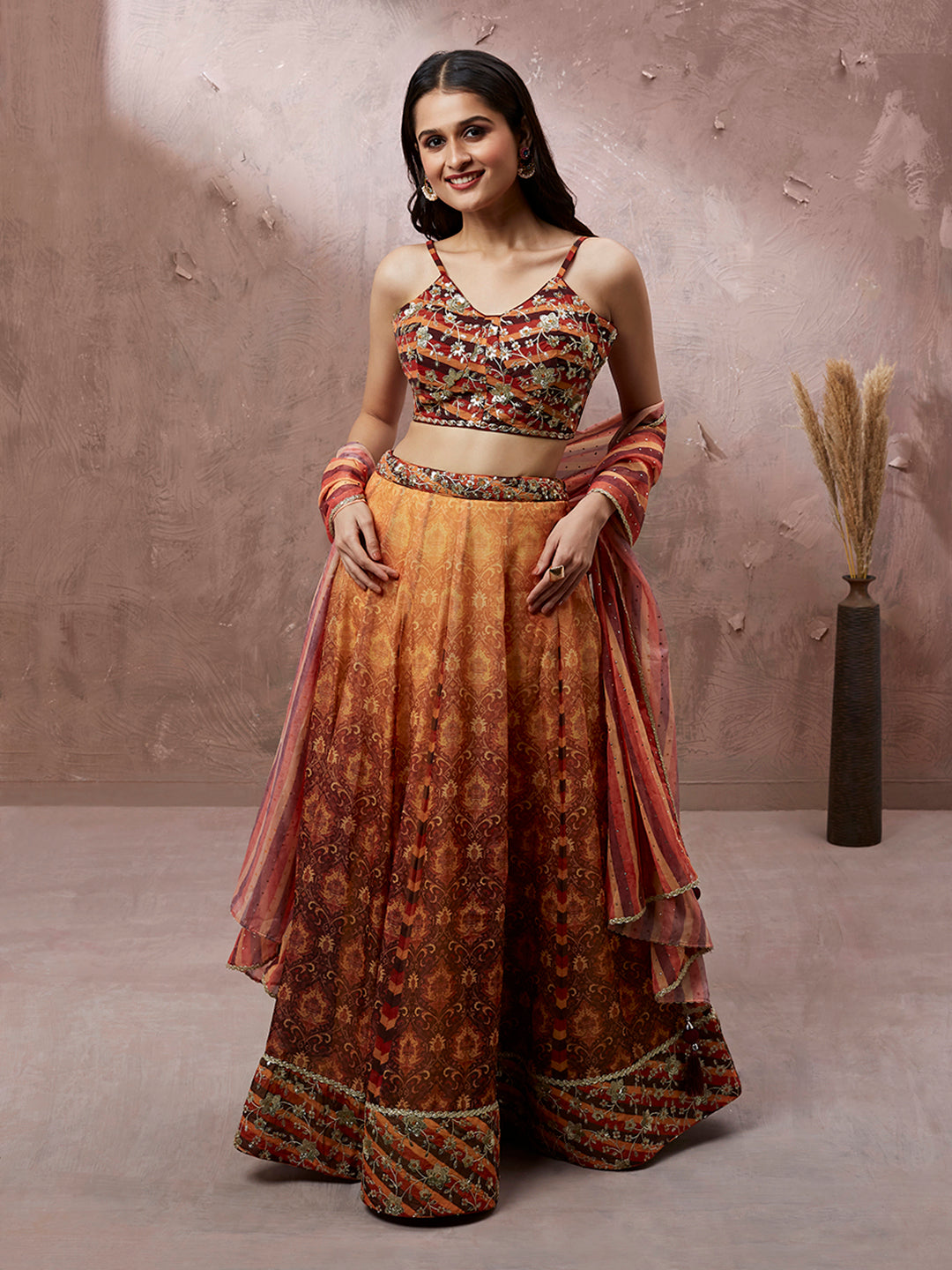 Brown Organza Floral Print and sequinse work Semi-Stitched Lehenga choli & Dupatta ClothsVilla