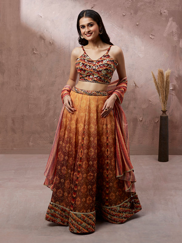 Brown Organza Floral Print and sequinse work Semi-Stitched Lehenga choli & Dupatta ClothsVilla