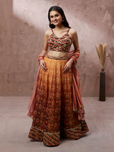 Load image into Gallery viewer, Brown Organza Floral Print and sequinse work Semi-Stitched Lehenga choli &amp; Dupatta ClothsVilla