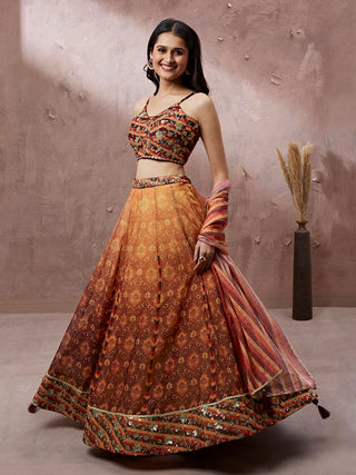 Brown Organza Floral Print and sequinse work Semi-Stitched Lehenga choli & Dupatta ClothsVilla