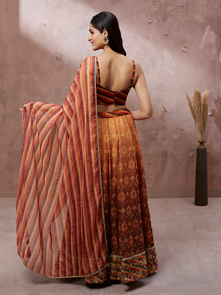 Brown Organza Floral Print and sequinse work Semi-Stitched Lehenga choli & Dupatta ClothsVilla