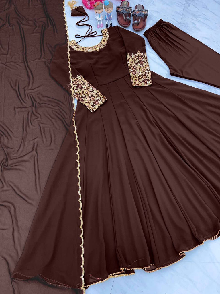 Brown Premium Designer Party Wear Anarkali Gown, Dupatta & Bottom Set Clothsvilla