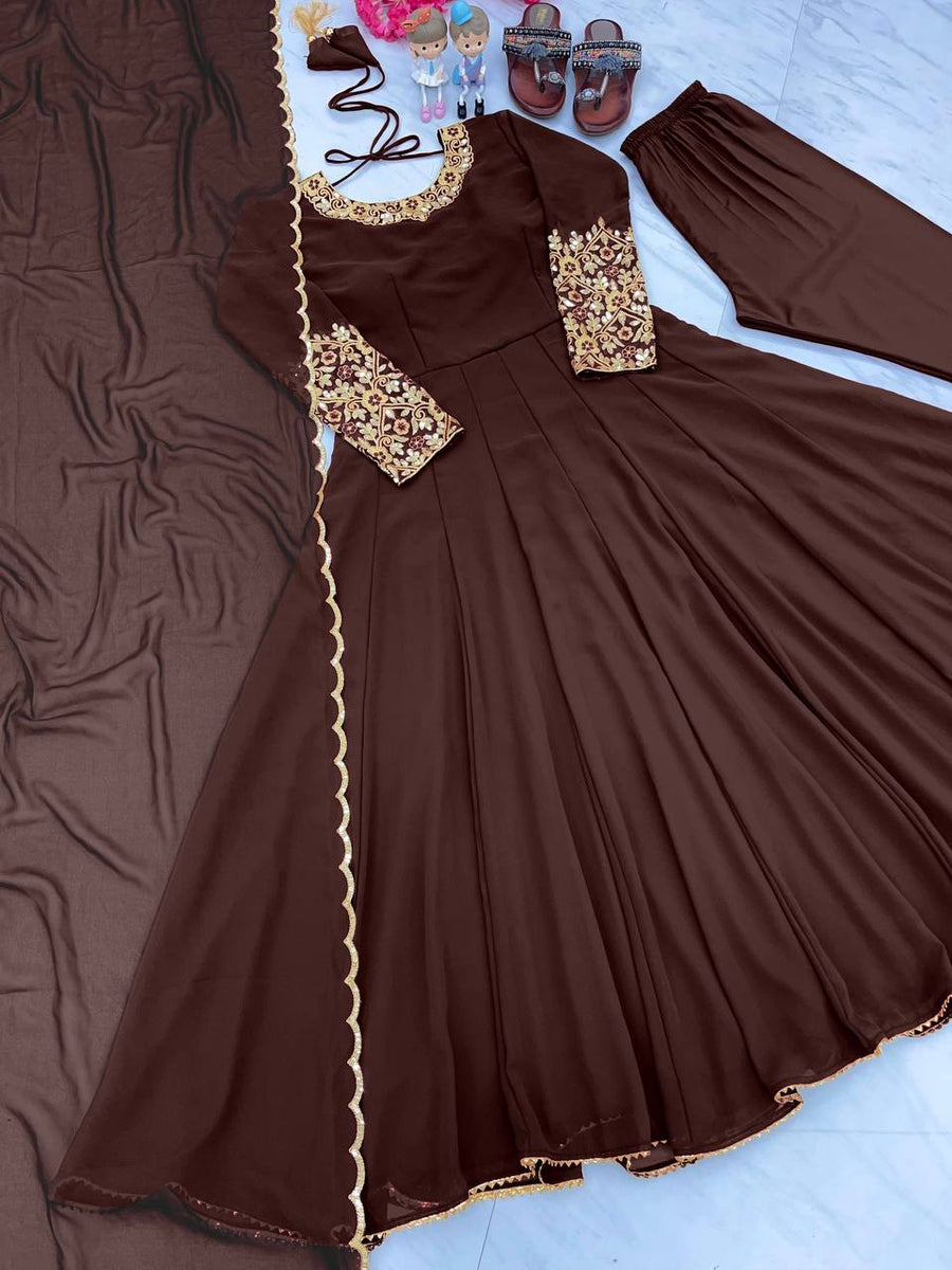 Brown Premium Designer Party Wear Anarkali Gown, Dupatta &am