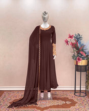 Load image into Gallery viewer, Brown Premium Designer Party Wear Anarkali Gown, Dupatta &amp; Bottom Set Clothsvilla