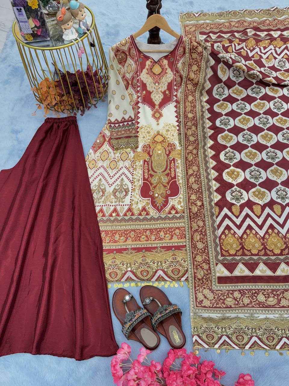 Brown Premium Designer Party Wear Chinon Silk Top, Palazzo & Dupatta Set ClothsVilla Main image
