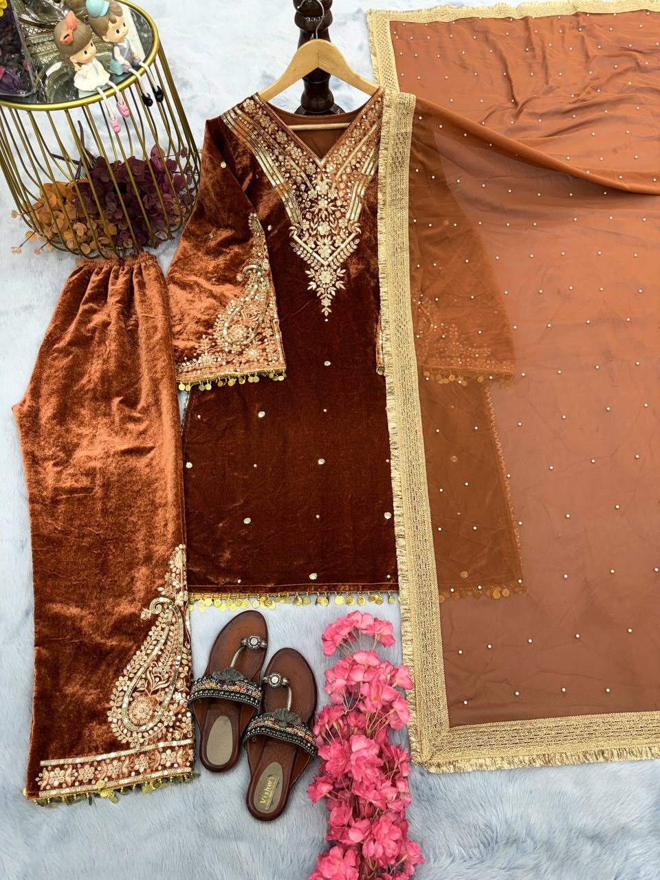 Brown Premium Designer Party Wear Velvet Top, Palazzo & Dupatta Set Secondary image