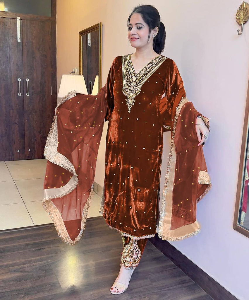 Brown Premium Designer Party Wear Velvet Top, Palazzo & Dupatta Set Clothsvilla