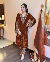 Load image into Gallery viewer, Brown Premium Designer Party Wear Velvet Top, Palazzo &amp; Dupatta Set Clothsvilla