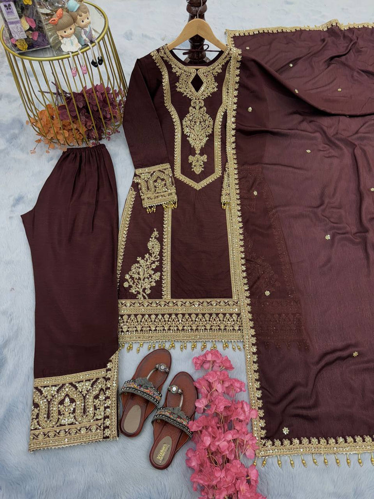 Brown Premium Designer Ready-to-Wear Top, Plazzo & Dupatta Set Clothsvilla