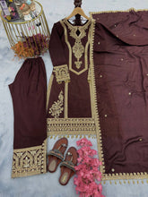 Load image into Gallery viewer, Brown Premium Designer Ready-to-Wear Top, Plazzo &amp; Dupatta Set Clothsvilla