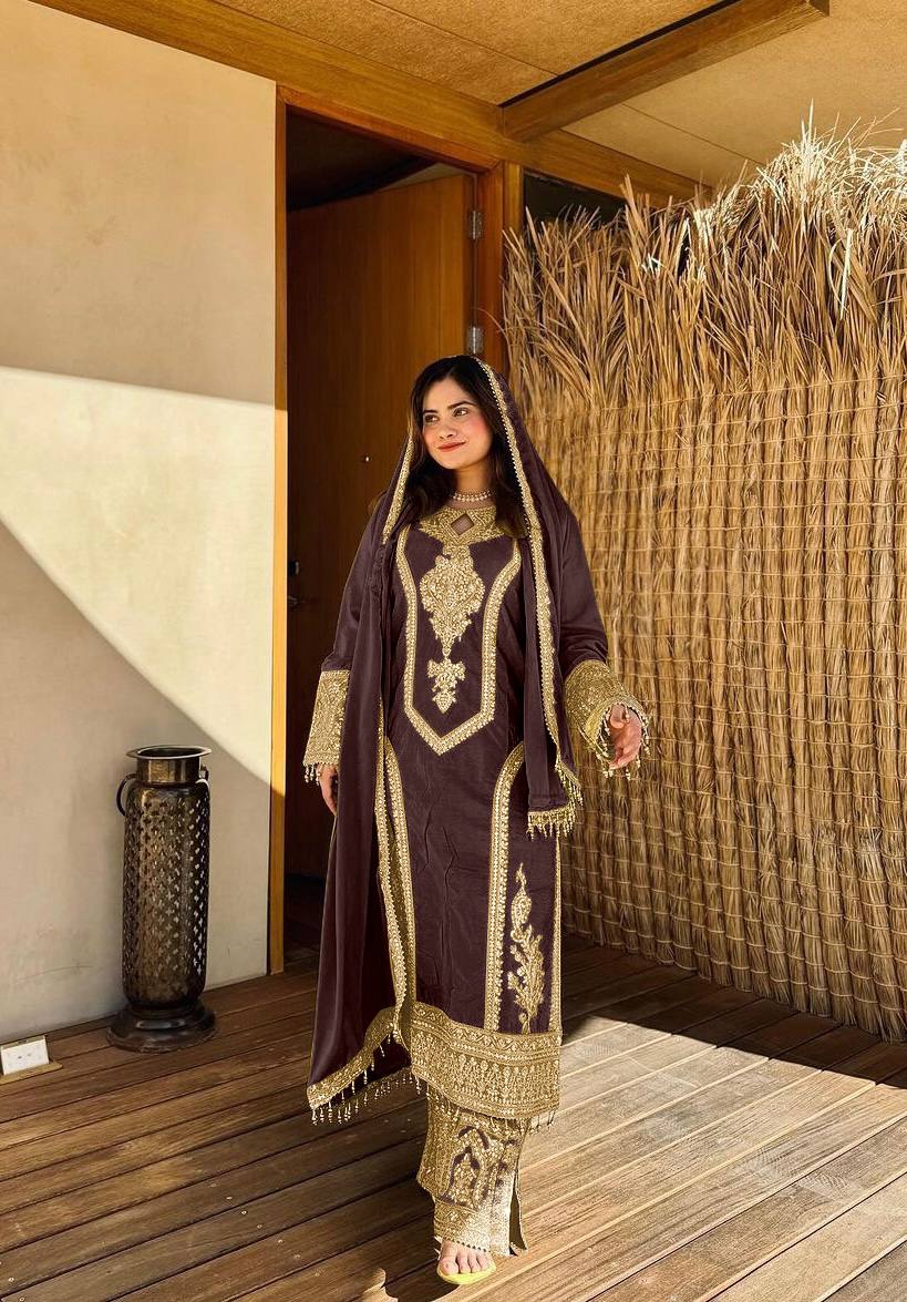 Brown Premium Designer Ready-to-Wear Top, Plazzo & Dupatta Set Clothsvilla Main image