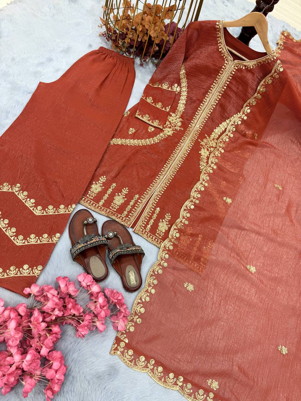 Brown Premium Designer Readymade Top, Plazzo & Dupatta Collection – Party Wear Edition ClothsVilla