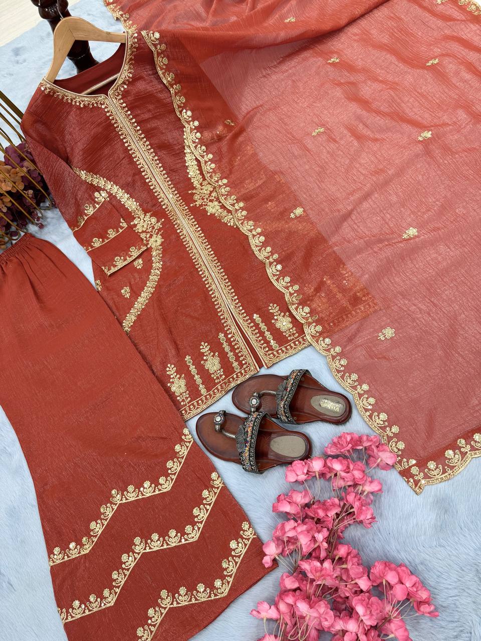 Brown Premium Designer Readymade Top, Plazzo & Dupatta Collection – Party Wear Edition ClothsVilla
