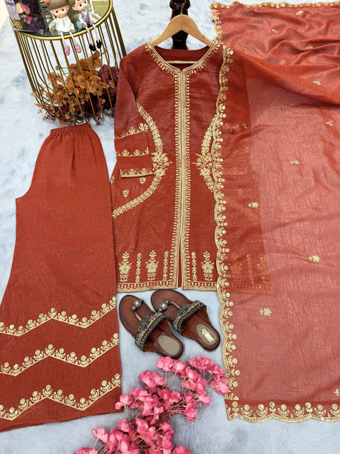 Brown Premium Designer Readymade Top, Plazzo & Dupatta Collection – Party Wear Edition ClothsVilla Main image