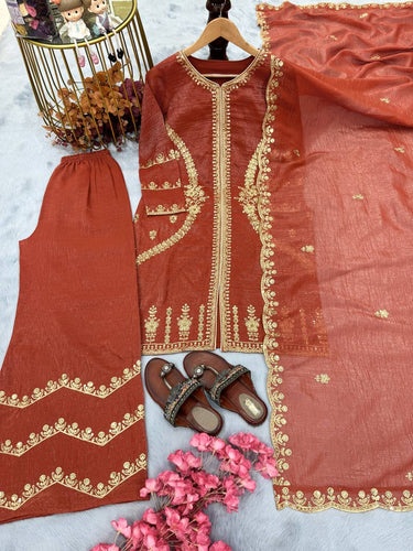 Brown Premium Designer Readymade Top, Plazzo & Dupatta Collection – Party Wear Edition ClothsVilla