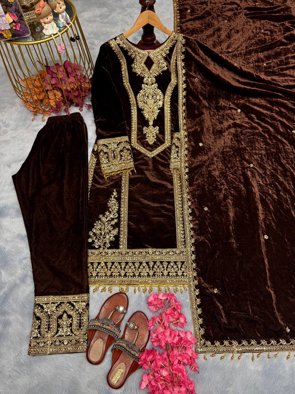 Brown Premium Designer Readymade Viscose Velvet Top, Plazzo & Dupatta Set – Party Wear Elegance Clothsvilla