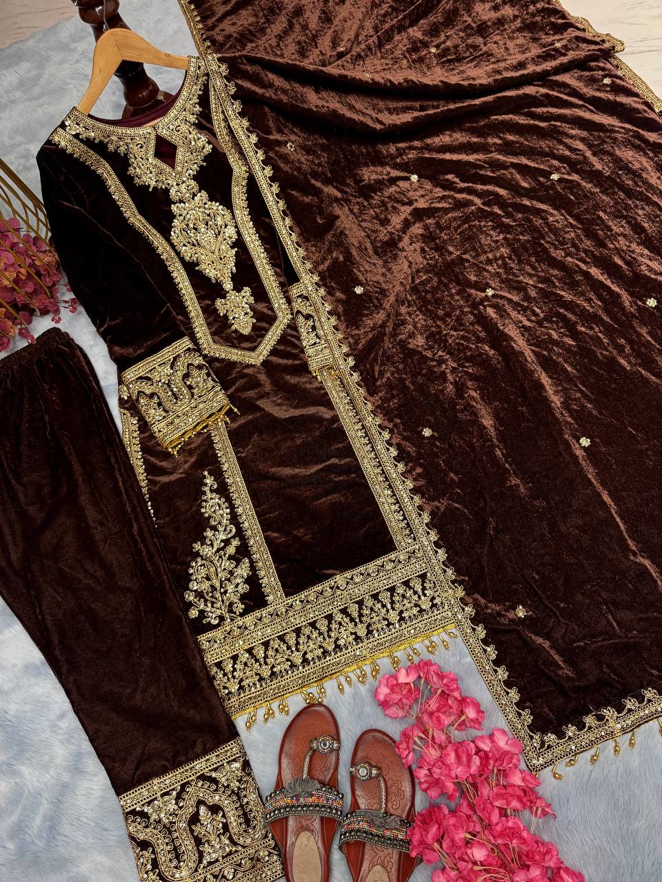 Brown Premium Designer Readymade Viscose Velvet Top, Plazzo & Dupatta Set – Party Wear Elegance Clothsvilla