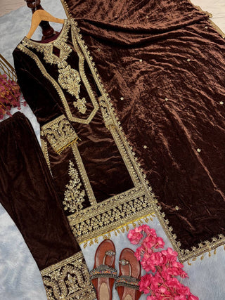 Brown Premium Designer Readymade Viscose Velvet Top, Plazzo & Dupatta Set – Party Wear Elegance Clothsvilla