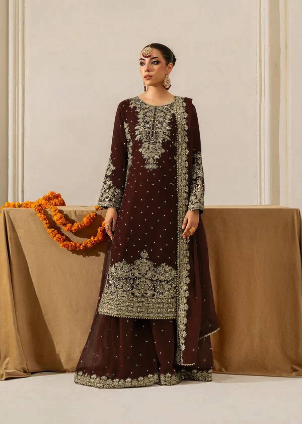 Brown Premium Faux Georgette Top-Plazo Set with Dupatta – Coding, Sequin & Rivet Moti Work ClothsVilla