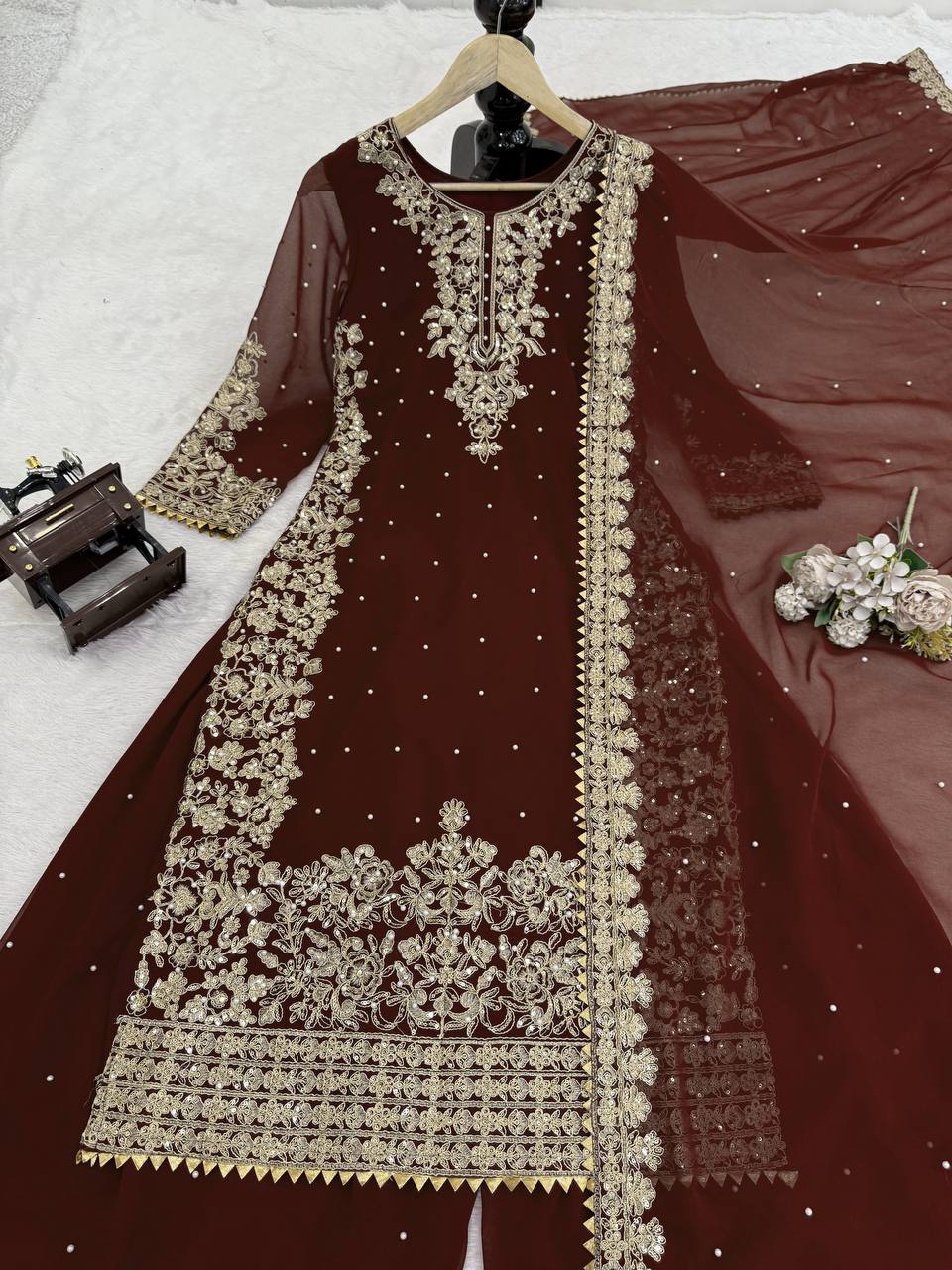 Brown Premium Faux Georgette Top-Plazo Set with Dupatta – Coding, Sequin & Rivet Moti Work ClothsVilla