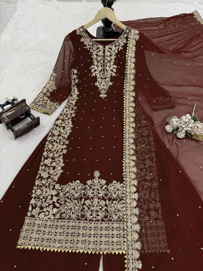 Brown Premium Faux Georgette Top-Plazo Set with Dupatta – Coding, Sequin & Rivet Moti Work ClothsVilla