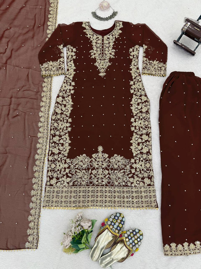 Brown Premium Faux Georgette Top-Plazo Set with Dupatta – Coding, Sequin & Rivet Moti Work ClothsVilla