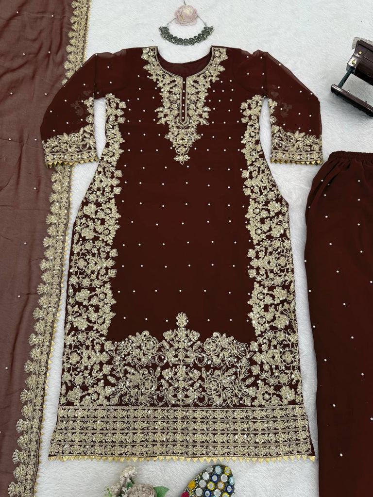 Brown Premium Faux Georgette Top-Plazo Set with Dupatta – Coding, Sequin & Rivet Moti Work ClothsVilla