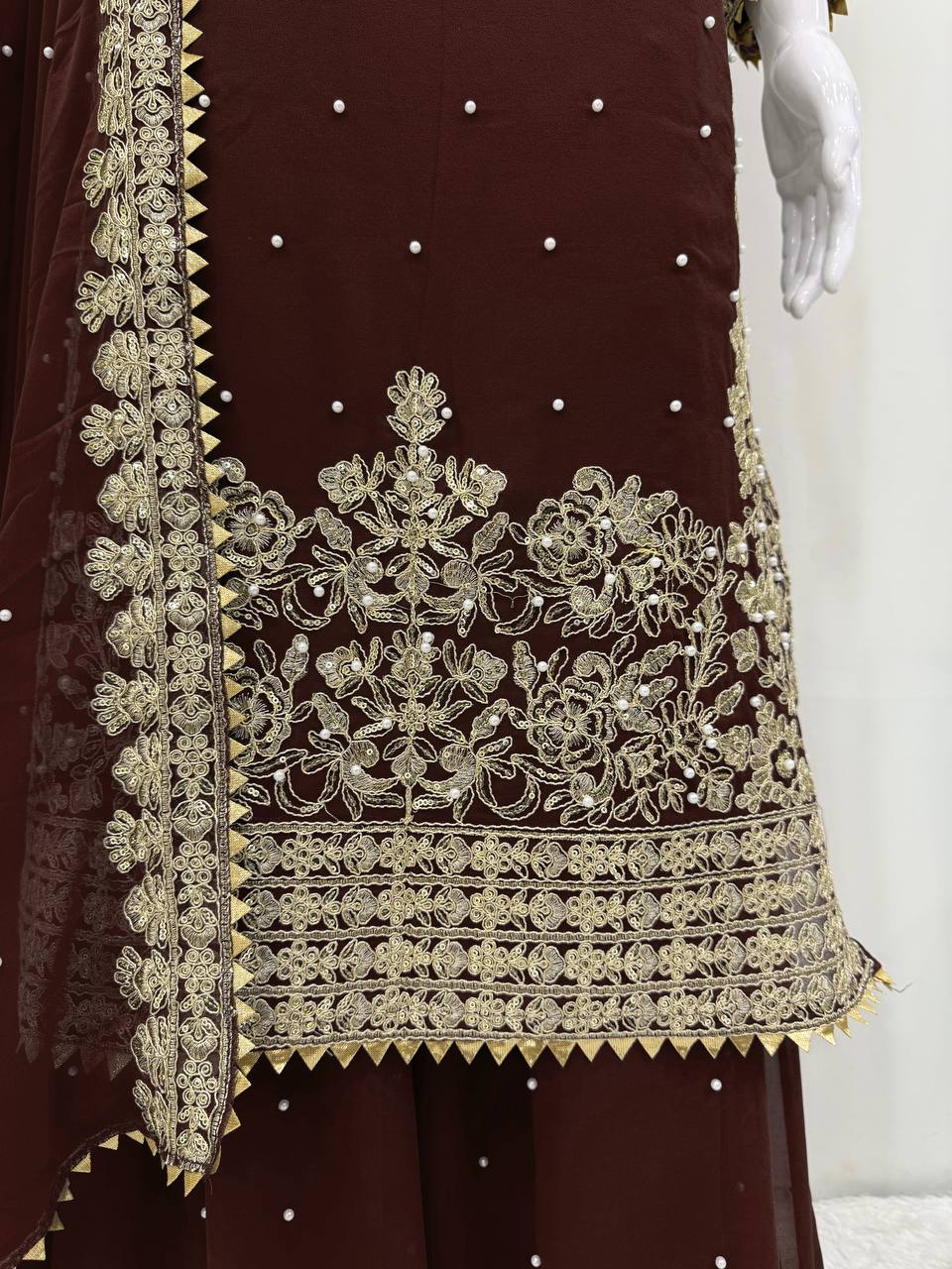 Brown Premium Faux Georgette Top-Plazo Set with Dupatta – Coding, Sequin & Rivet Moti Work ClothsVilla