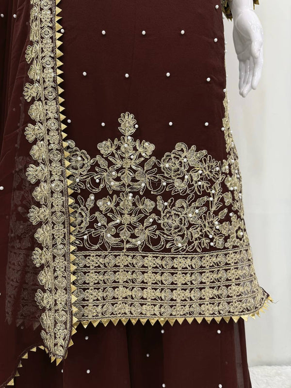 Brown Premium Faux Georgette Top-Plazo Set with Dupatta – Coding, Sequin & Rivet Moti Work ClothsVilla