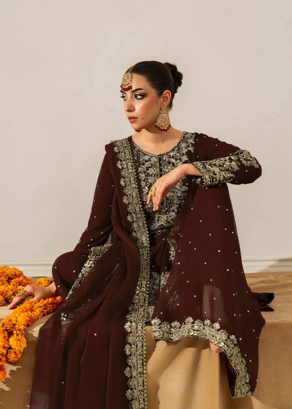 Brown Premium Faux Georgette Top-Plazo Set with Dupatta – Coding, Sequin & Rivet Moti Work ClothsVilla
