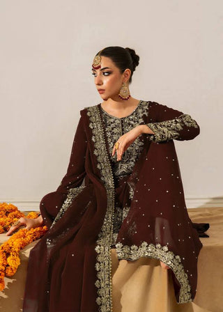 Brown Premium Faux Georgette Top-Plazo Set with Dupatta – Coding, Sequin & Rivet Moti Work ClothsVilla