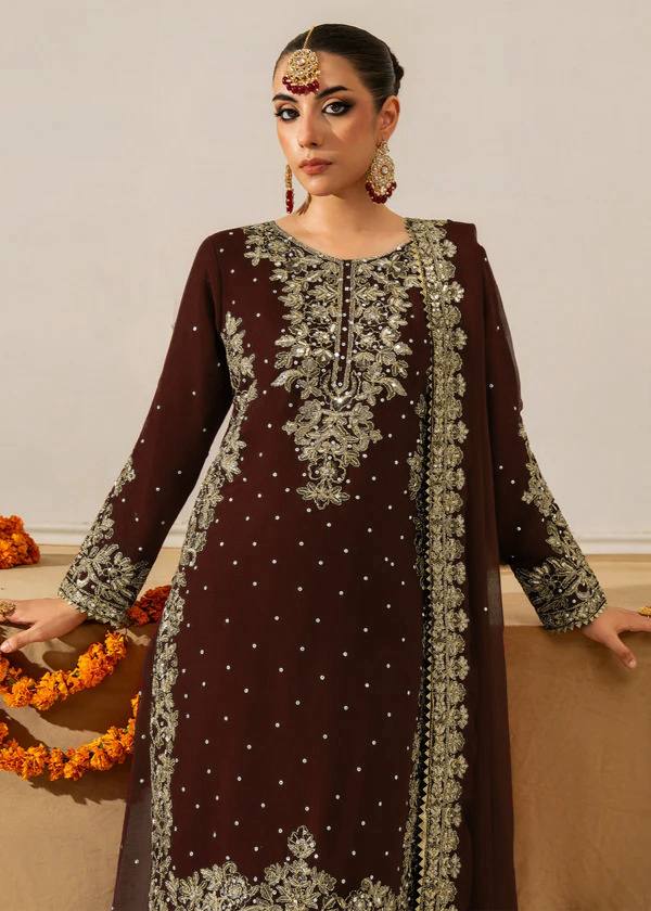 Brown Premium Faux Georgette Top-Plazo Set with Dupatta – Coding, Sequin & Rivet Moti Work ClothsVilla