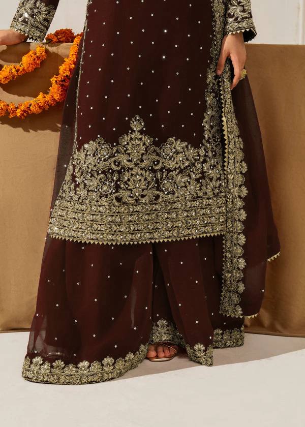 Brown Premium Faux Georgette Top-Plazo Set with Dupatta – Coding, Sequin & Rivet Moti Work ClothsVilla