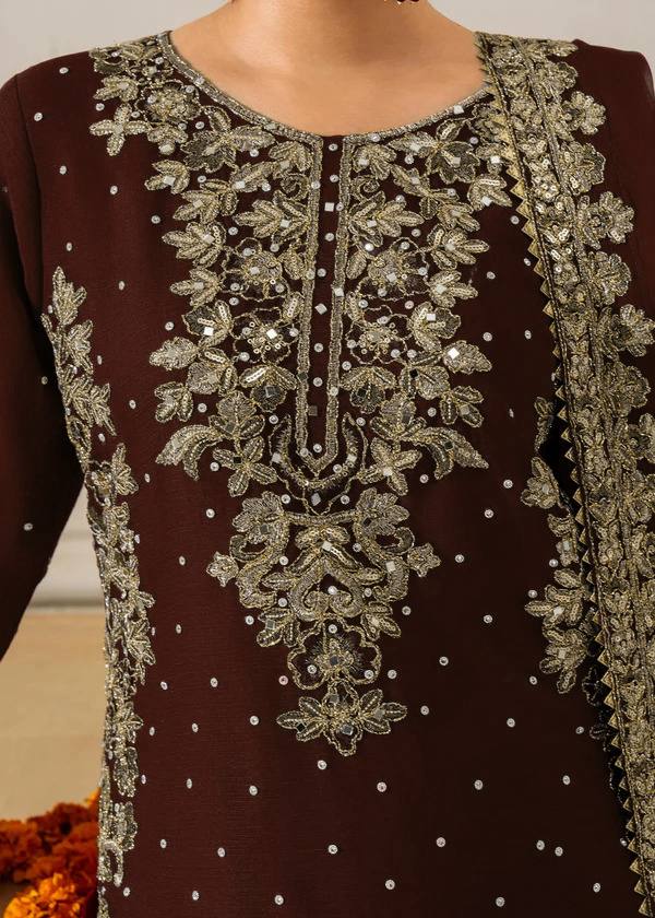 Brown Premium Faux Georgette Top-Plazo Set with Dupatta – Coding, Sequin & Rivet Moti Work ClothsVilla