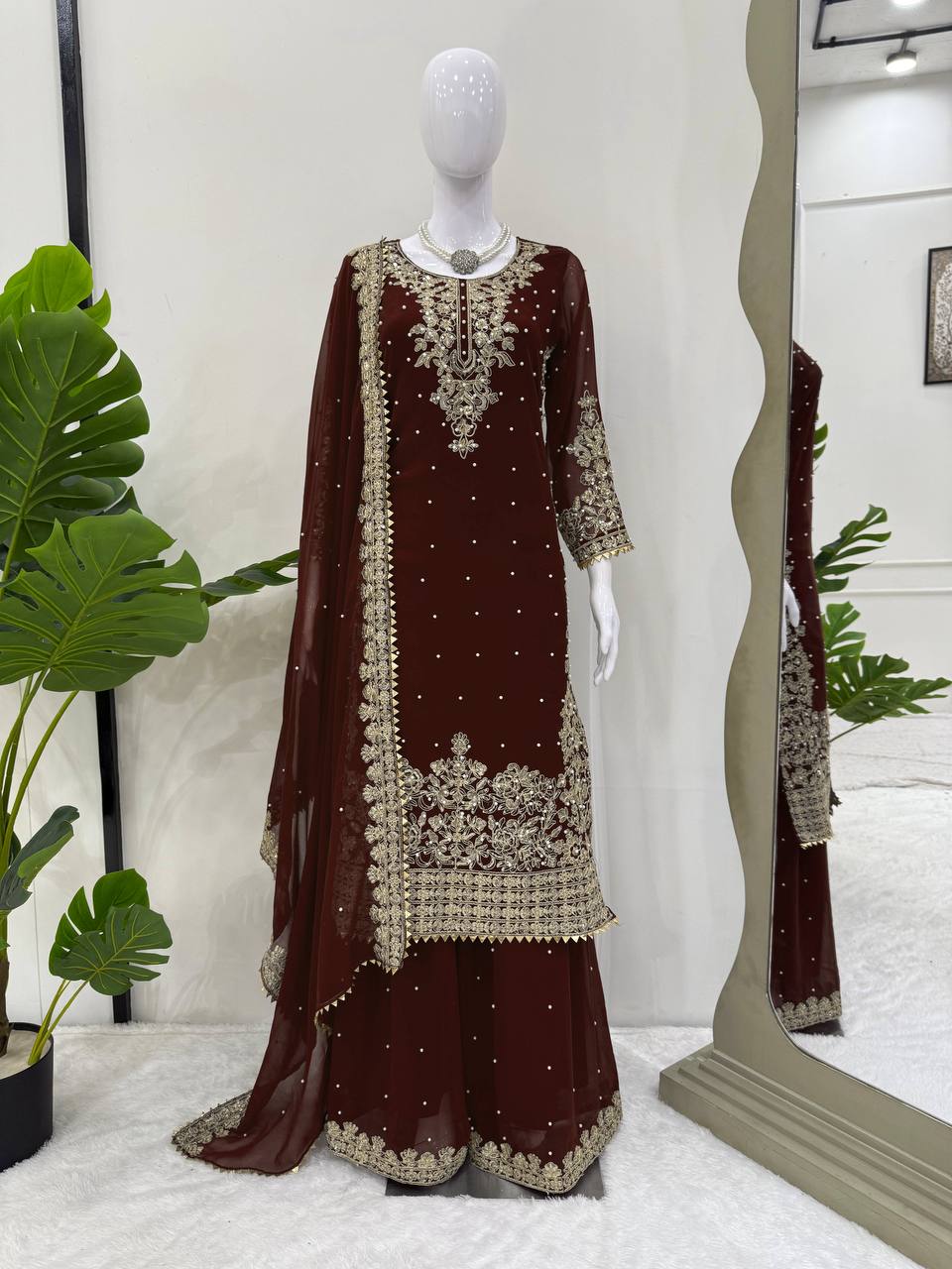 Brown Premium Faux Georgette Top-Plazo Set with Dupatta – Coding, Sequin & Rivet Moti Work ClothsVilla