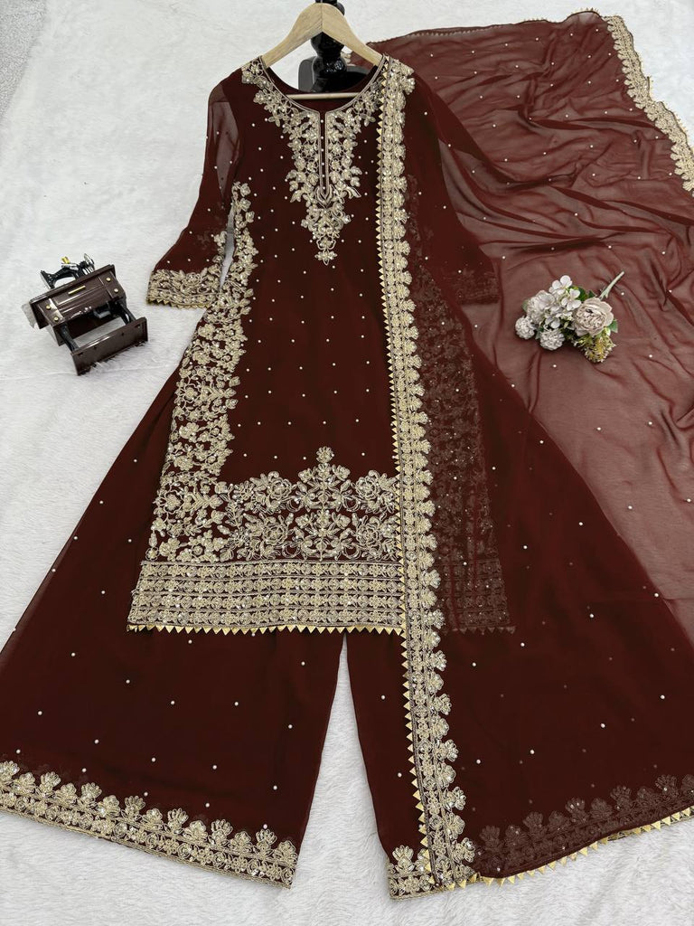 Brown Premium Faux Georgette Top-Plazo Set with Dupatta – Coding, Sequin & Rivet Moti Work ClothsVilla