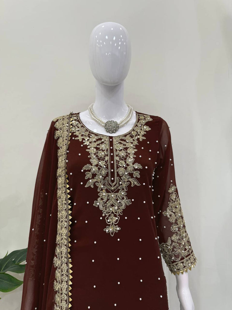 Brown Premium Faux Georgette Top-Plazo Set with Dupatta – Coding, Sequin & Rivet Moti Work ClothsVilla