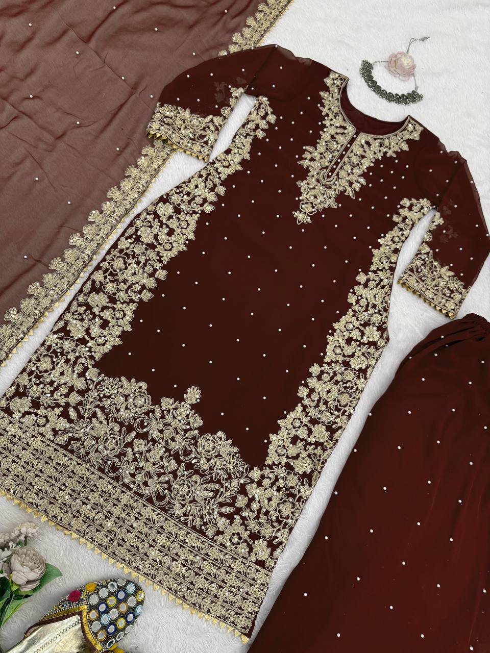 Brown Premium Faux Georgette Top-Plazo Set with Dupatta – Coding, Sequin & Rivet Moti Work ClothsVilla