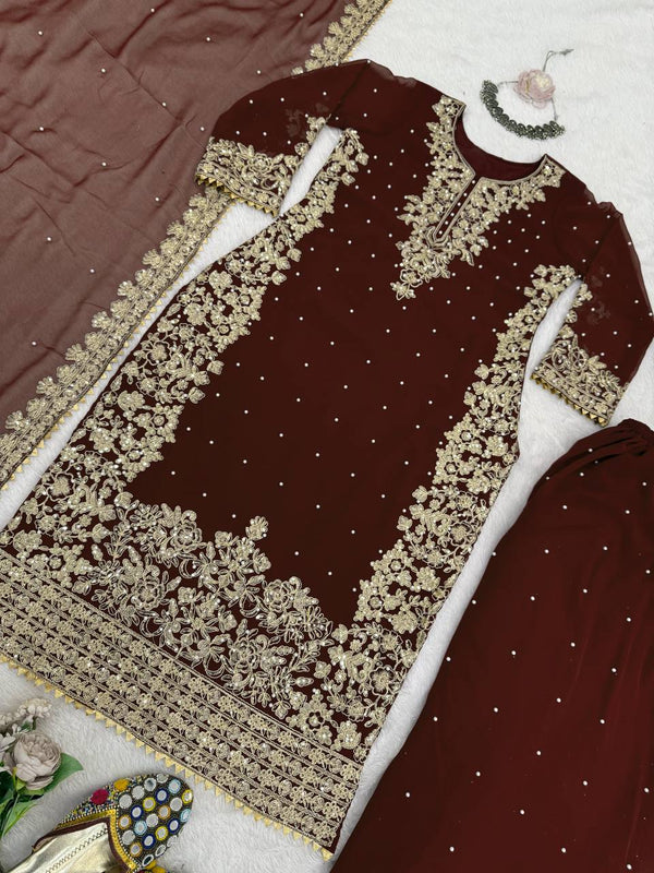 Brown Premium Faux Georgette Top-Plazo Set with Dupatta – Coding, Sequin & Rivet Moti Work ClothsVilla