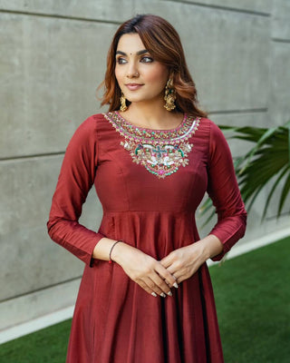 Brown Premium Kesariya Silk Anarkali Suit with Sequins & Thread Embroidery ClothsVilla