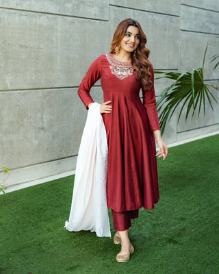 Brown Premium Kesariya Silk Anarkali Suit with Sequins & Thread Embroidery ClothsVilla