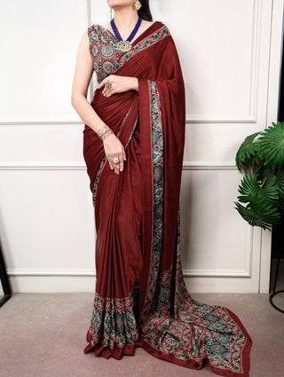 Brown Print Satin Silk Saree ClothsVilla