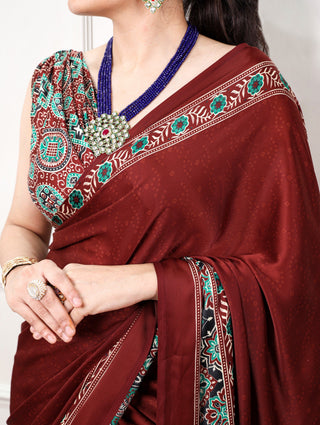 Brown Print Satin Silk Saree ClothsVilla
