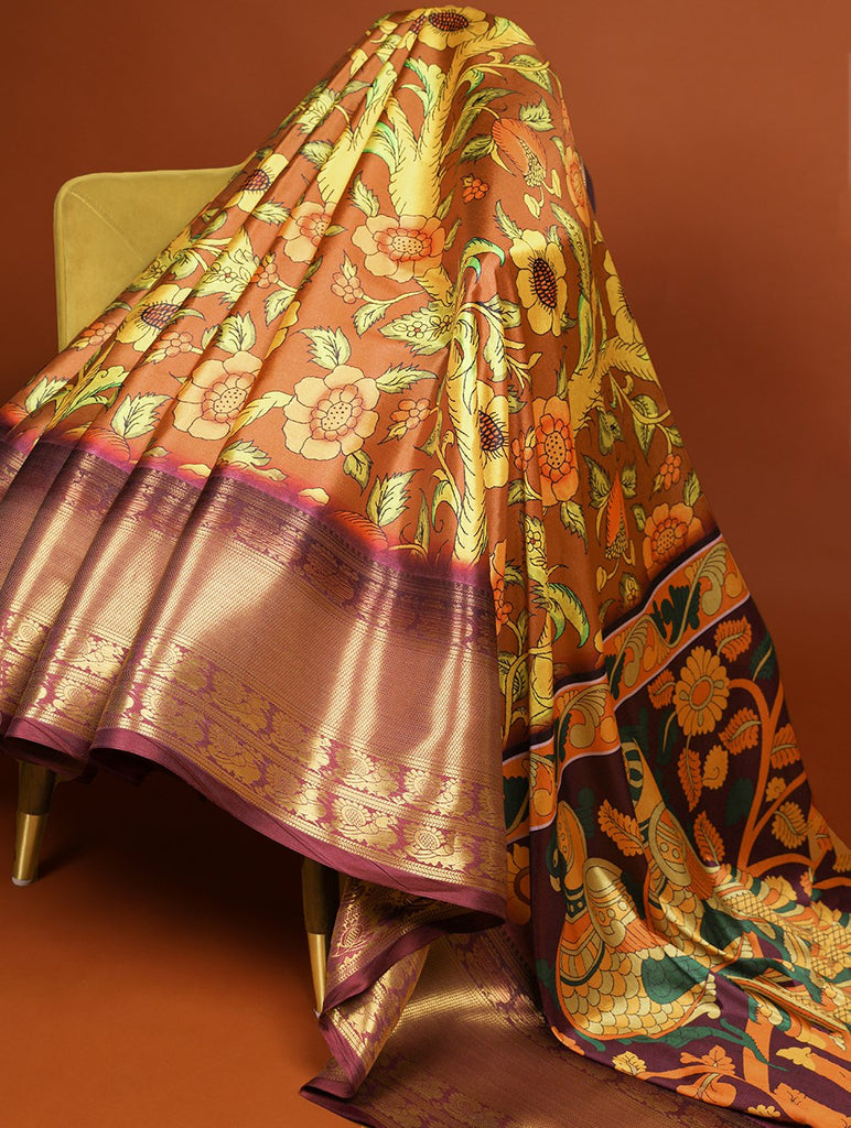 Brown Printed Dola Silk Saree Set for Weddings & Special Occasions ClothsVilla