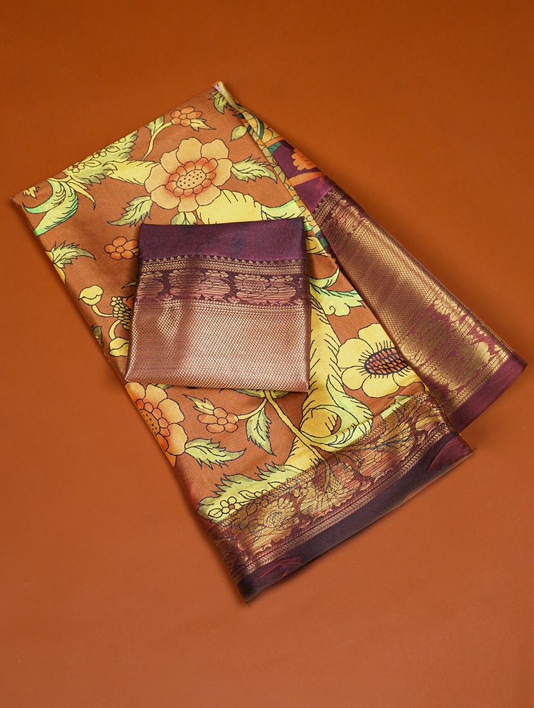 Brown Printed Dola Silk Saree Set for Weddings & Special Occasions ClothsVilla