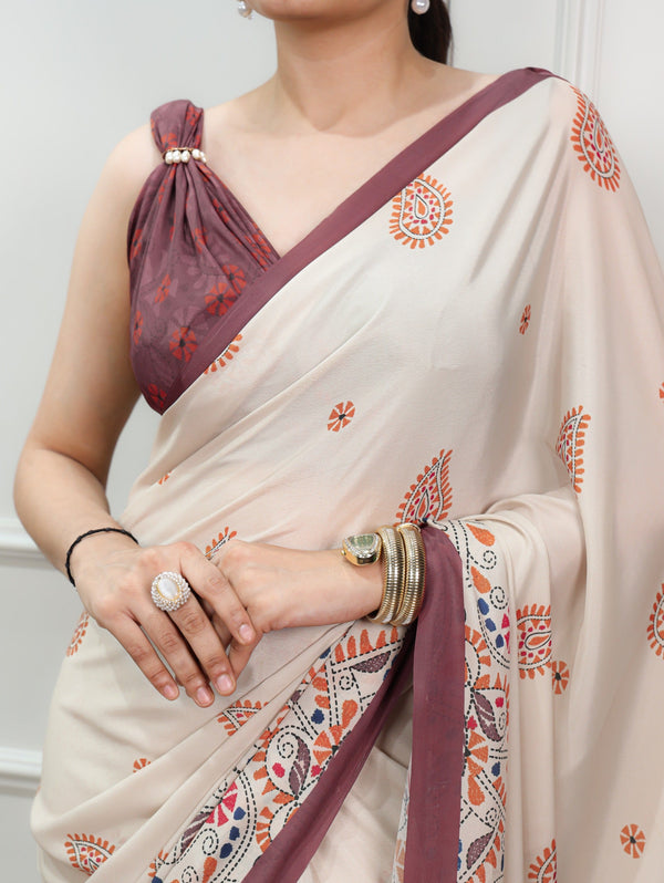 Brown Printed Satin Crepe Saree ClothsVilla